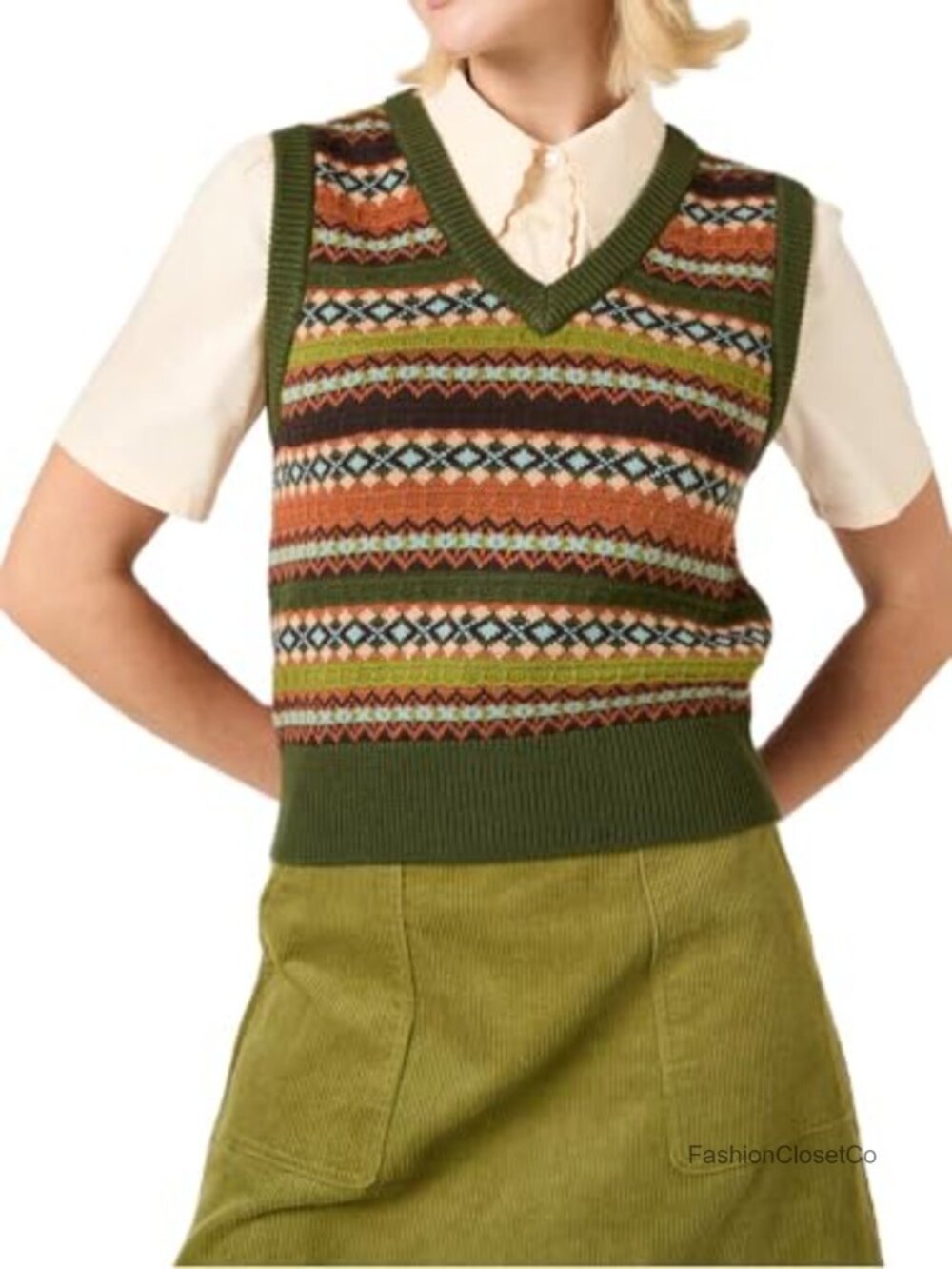 Women's Geometric Knit Sweater Vest V-Neck Sleeveless Cropped Tank Top